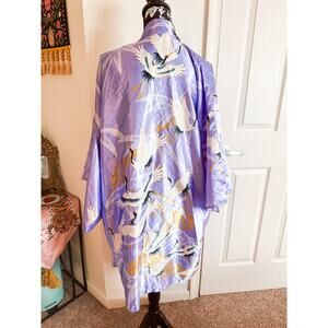 EUC Vintage Purple Silk White Crane Print Short Kimono Robe Women's OS